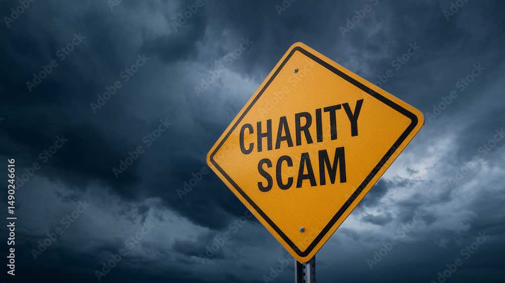 Yellow diamond-shaped road sign against a stormy sky, warning of charity scam. It represents caution and the potential dangers of fraudulent charitable organizations Yellow diamond-shaped road sign against a stormy sky, warning of charity scam. It represents caution and the potential dangers of fraudulent charitable organizations