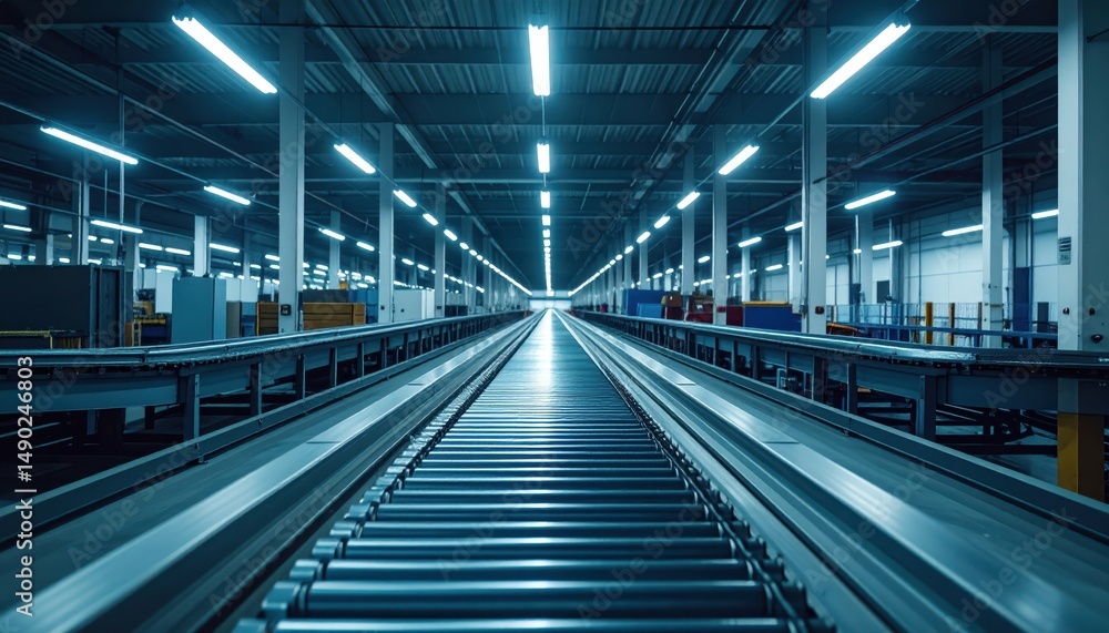 Dimly Lit Warehouse with Conveyor Belts under Fluorescent Lights Dimly Lit Warehouse with Conveyor Belts under Fluorescent Lights