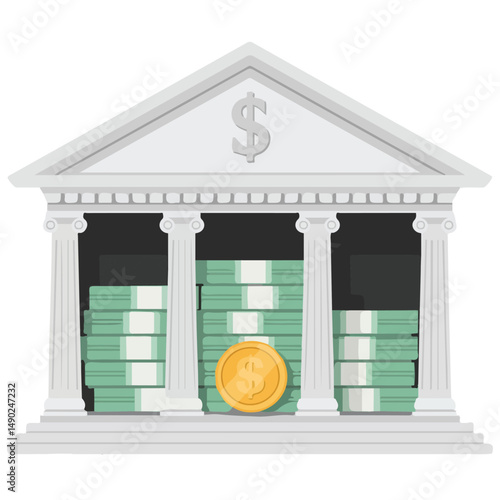 Financial institution cartoon style building with currency isolated vector illustration