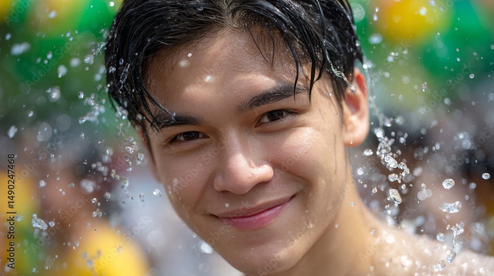 Obraz premium Young Man Smiling Amidst Water Splashing During Vibrant Festival Celebration