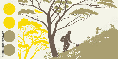 Stylized illustration depicting african landscape with figures and color palette examples
