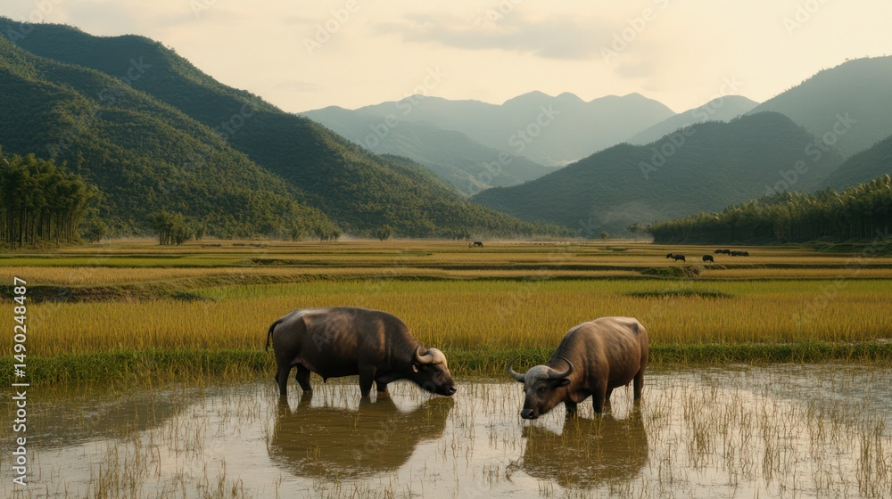 Fototapeta premium Water buffalo graze in paddy field, mountain background, rural Vietnam, agriculture