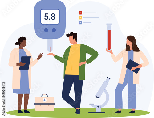 Hypoglycemia and hyperglycemia control in diabetes for insulin therapy vector illustration. Cartoon tiny people with glucometer check sugar level in blood of sick patient, doctors monitoring health