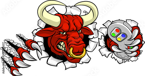 A bull or Minotaur monster longhorn cow angry mean video game gamer mascot cartoon character.