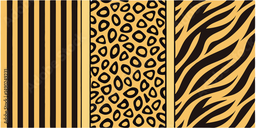 Vector patterns of animal print stripes leopard print and zebra stripes in gold and black