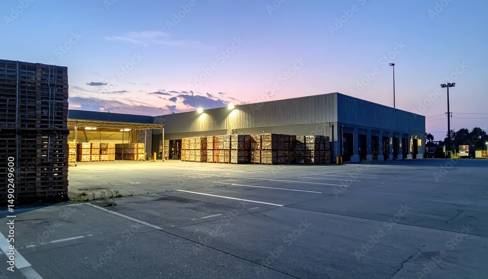 Obraz premium Stacked Pallets at Distribution Center Under Dusk Sky with Lights
