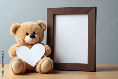 teddy bear holding a heart next to a picture frame