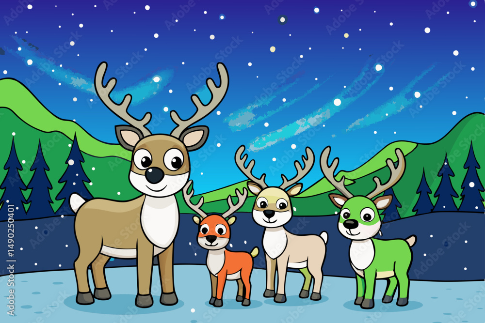 Naklejka premium Reindeer family beneath glowing northern lights vector illustration