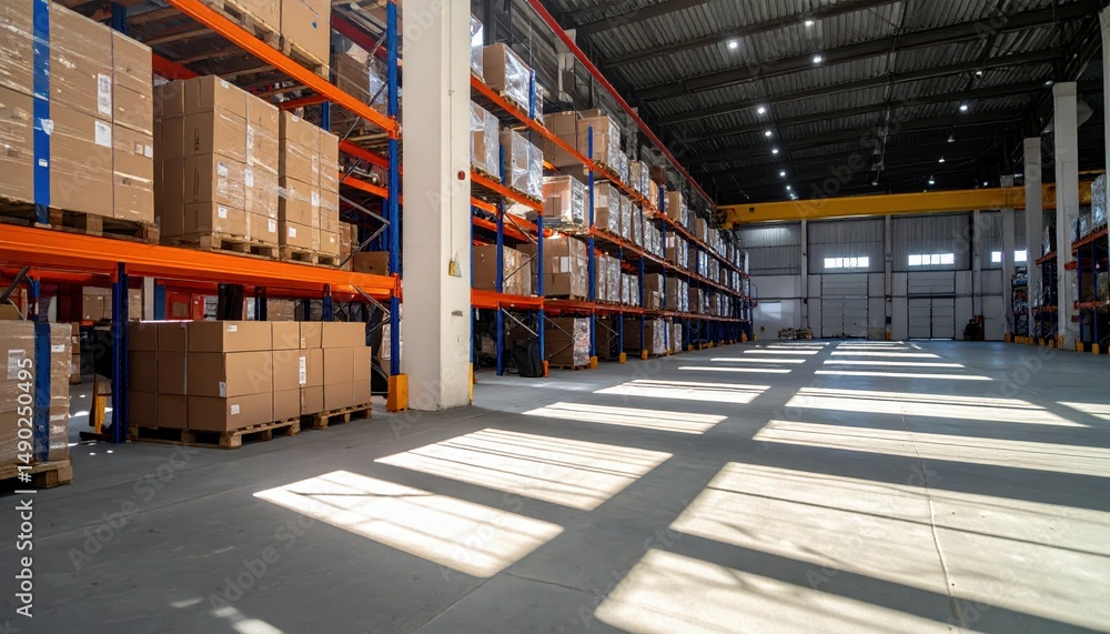 Spacious Warehouse with Functional Shelving Units in Midday Sun Spacious Warehouse with Functional Shelving Units in Midday Sun