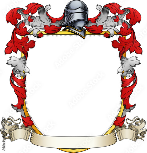 A coat of arms or crest family heraldry medieval heraldic knight shield with helmet and acanthus filigree scroll ornament in a vintage woodcut style.