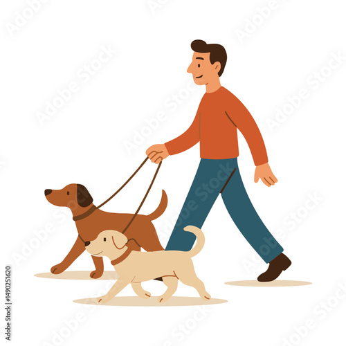 Man walking two dogs flat vector illustration
