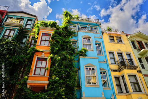 Canvas Print Colorful Houses of Balat: A Low Angle View of Vibrant Facades