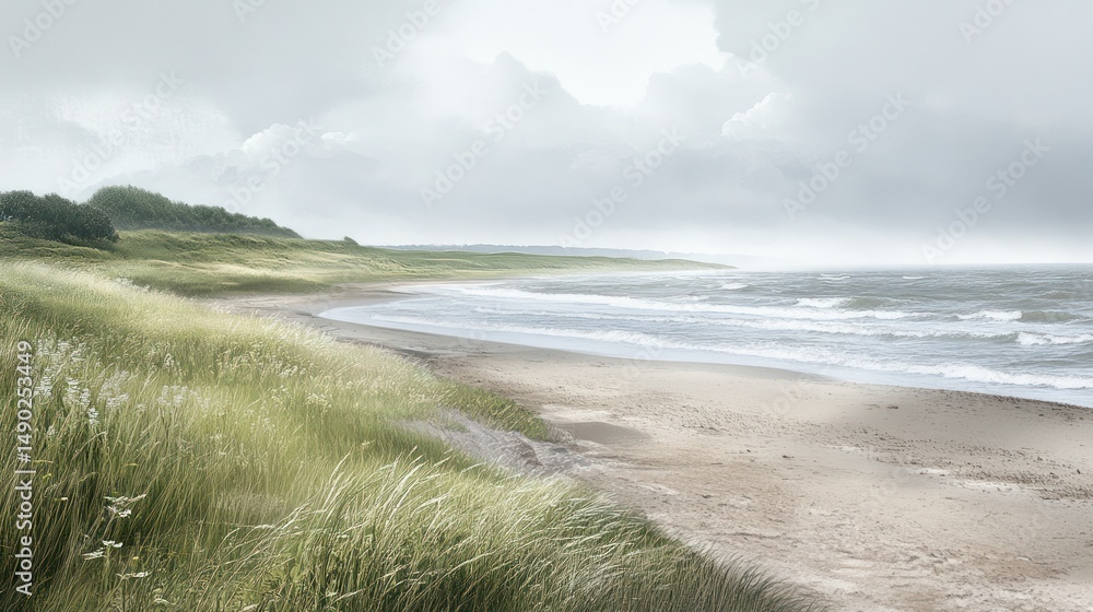 Coastal dune landscape, overcast sky, windy beach, tranquil scene, nature wallpaper Coastal dune landscape, overcast sky, windy beach, tranquil scene, nature wallpaper