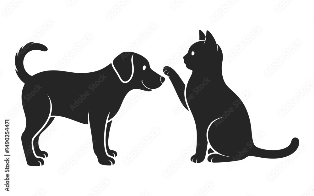 Black silhouette of a dog and a cat giving each other a high five with smiles Black silhouette of a dog and a cat giving each other a high five with smiles
