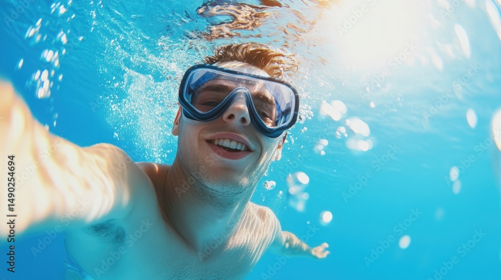 Fototapeta premium Person enjoying an underwater swim wearing goggles on a vacation
