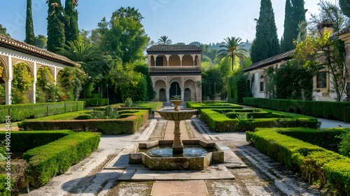 View of the generalife gardens with fountain and trimmed hedges in granada spain andalusian architecture