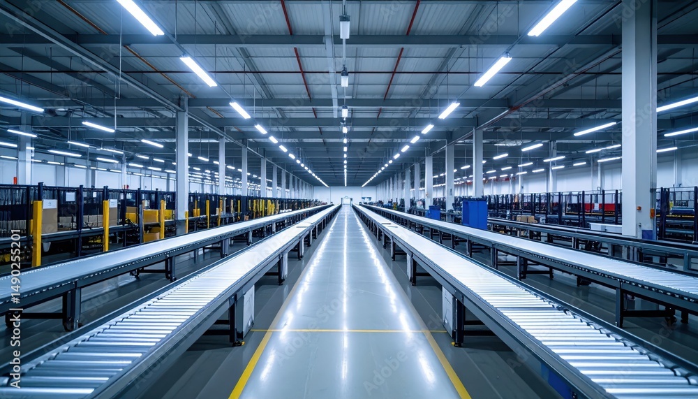 Naklejka premium Bright Fulfillment Center with Packing Stations Under Fluorescent Lights