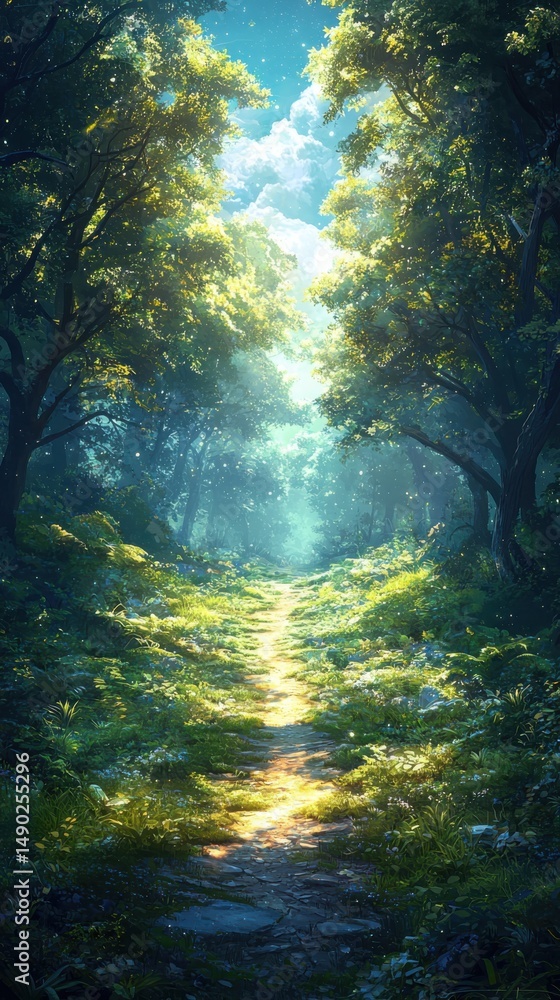 Fototapeta premium Serene nature pathway enchanted forest digital art tranquil environment landscape view fantasy concept
