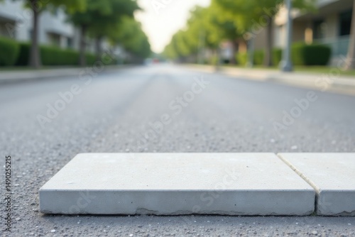 A concrete paving stone sits on asphalt, a tranquil residential street blurred in the background