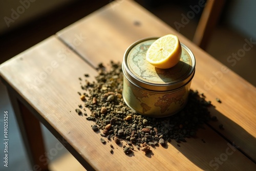 Aromatic Tea Blend in Vintage Tin with Lemon Slice on Wooden Table