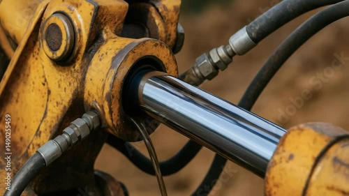 Hydraulic mechanism with metal piston and hoses in heavy construction machinery for powerful industrial tasks and smooth operation