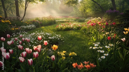 Enchanted Spring Garden: A Misty Sunrise in a Floral Paradise