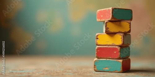 A Stack of Vintage Wooden Blocks with Colorful Paint Showing Signs of Age and Wear, Reminiscent of Childhood Play and Simple Joys