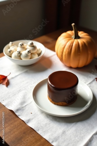 A delectable autumnal dessert scene featuring a rich chocolate cake and whimsical ghost-shaped sweets beside a small pumpkin on a rustic wooden table