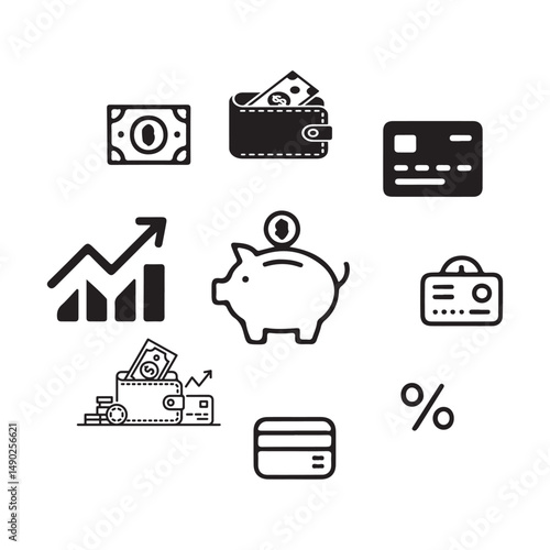 A collection of simple, black and white icons representing various financial concepts.