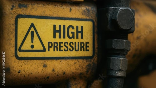 High pressure warning sign on hydraulic mechanism with metal bolts and fittings in industrial setting conveying safety and caution
