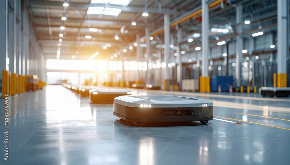 Automated Guided Vehicles in High-Tech Warehouse During Morning Light Automated Guided Vehicles in High-Tech Warehouse During Morning Light