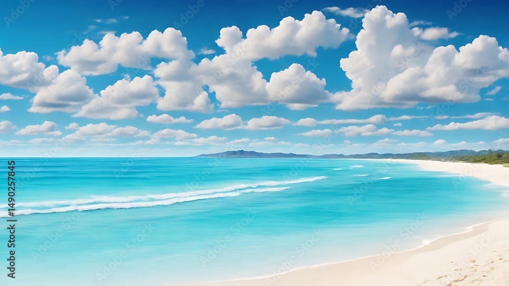 Obraz premium A scenic beach view with white sand turquoise water and fluffy clouds under a bright blue sky day