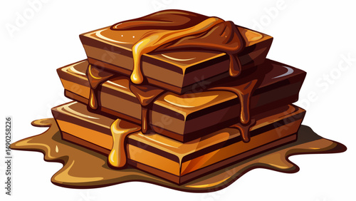 Stacked dark chocolate pieces with melted caramel on white background
