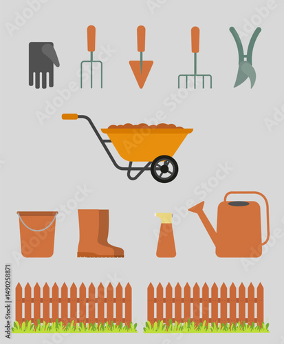 Vector set of farm elements in cartoon style isolated on gray background. Agricultural things and products used for magazine, book, poster, postcard. Set of equipment for transplanting house plants