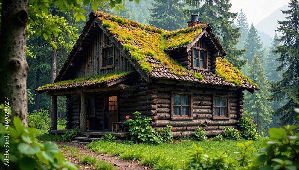Rustic cabin with wooden beams and moss-covered roof, , cabin living Rustic cabin with wooden beams and moss-covered roof, , cabin living