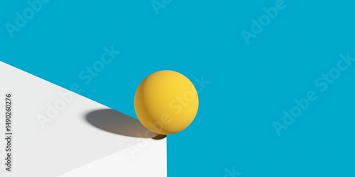 Fototapeta Naklejka Na Ścianę i Meble -  Yellow sphere on the corner of a white wall over blue background, risk or business management concept