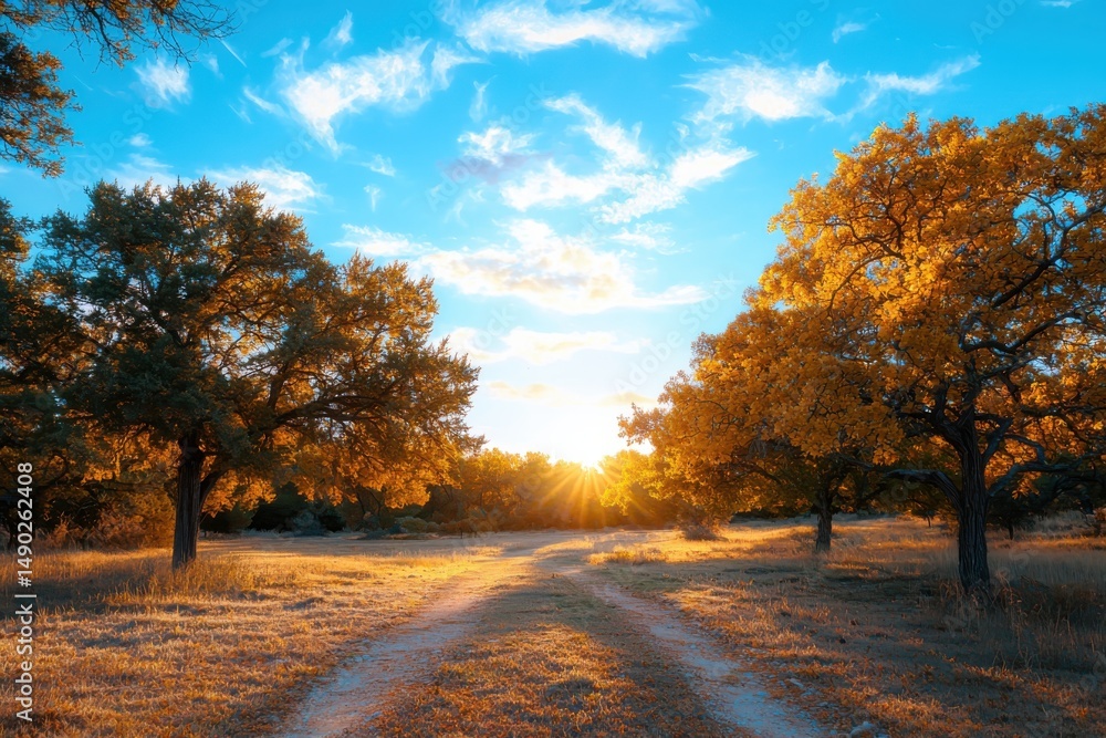 Fototapeta premium Breathtaking sunrise over tranquil pathway nature landscape autumn vibes serene environment wide-angle view
