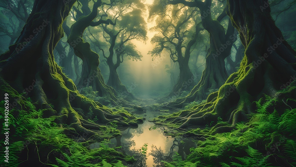 Mystical Forest Scene with Trees and Moss Mystical Forest Scene with Trees and Moss