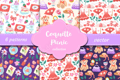 Girly coquette style picnic vector patterns with bows, fans, dresses, teddy bears, strawberries and hearts. Trendy set for packaging, decor and fashion accessories.