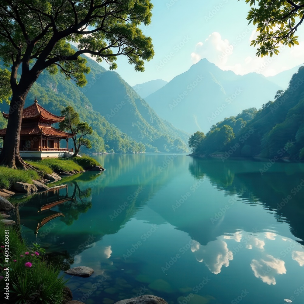 Fototapeta premium Serene lake reflecting spiritual ambiance in Indian ashram , tranquility, meditation