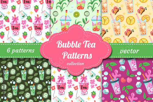 Cute and playful bubble tea vector patterns with tapioca pearls, drinks, straws, fruit and sweets. Great for packaging, fabric, stationery and Kawaii-themed designs.