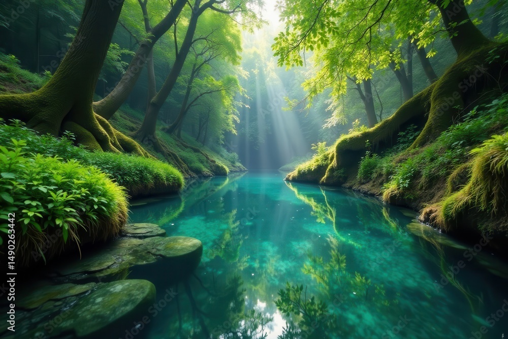 Fototapeta premium Serene pool reflects lush canopy, water's edge lined with ferns and moss, ferns, forest