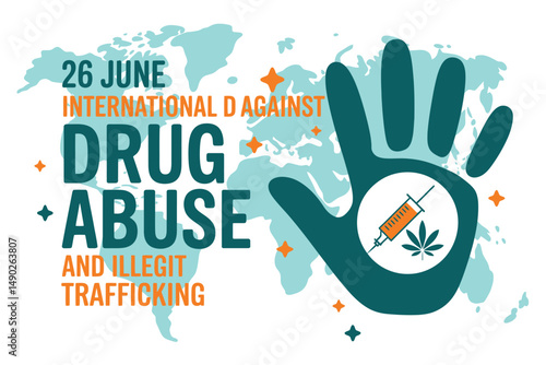 Blue Handprint World Map International Day Against Drug Abuse, June 26 Global Stand Against Drug Abuse Illicit Trafficking