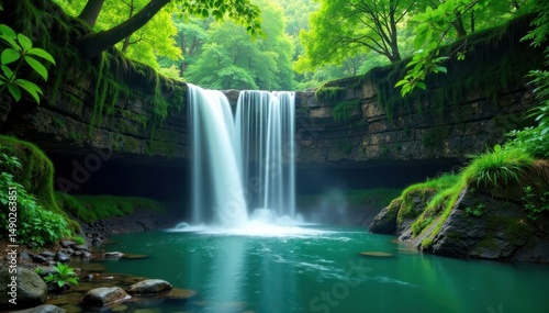 Serene waterfall amidst lush green forest foliage, landscape, waterfall