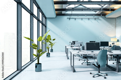 Fototapeta Naklejka Na Ścianę i Meble -  Modern empty corporate office with large windows, clean desks, stylish chairs, natural light, and a contemporary design interior room setting. 3D Rendering