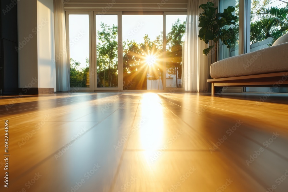 Fototapeta premium Captivating sunset view through glass doors modern living room interior photography warm atmosphere low angle serenity