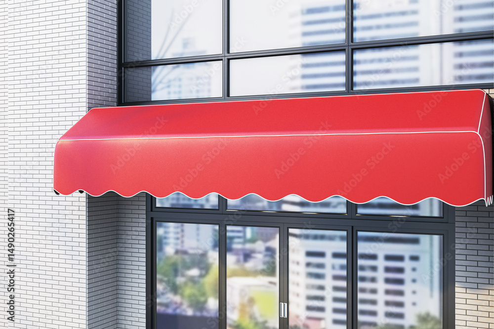 Naklejka premium Red store awning over glass doors on modern building exterior with city reflection, perfect for shop branding or business presentation template. 3D Rendering