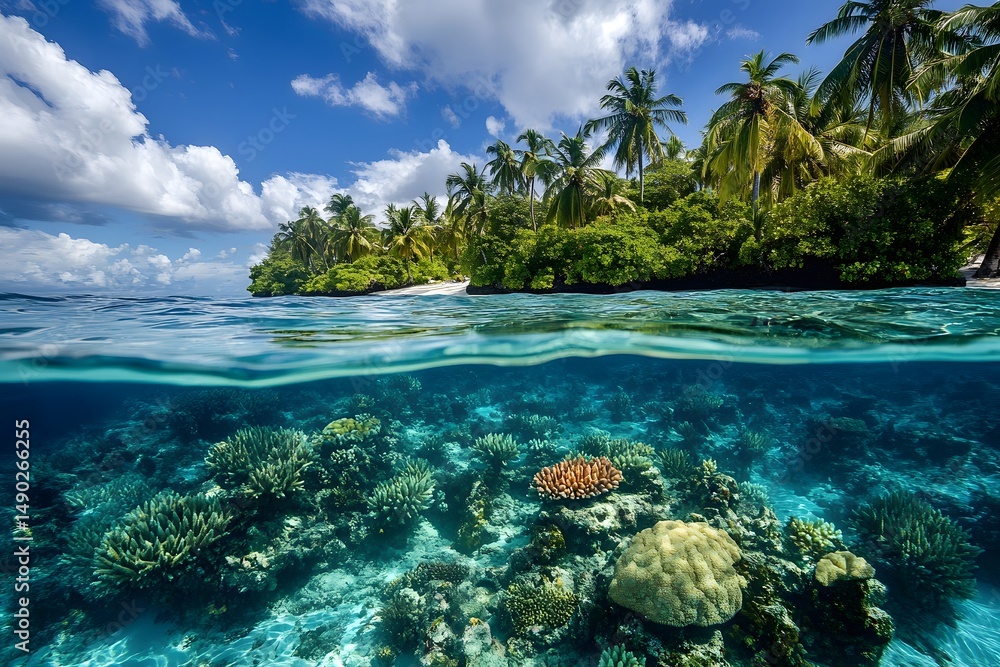 Fototapeta premium Above and Below View of Coral Reef and Island