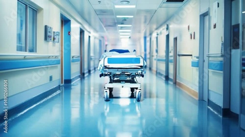 Hospital Corridor: The sterile elegance of a hospital corridor is captured, with a vacant gurney positioned centrally, implying a sense of medical care and providing a clean, almost clinical ambiance.