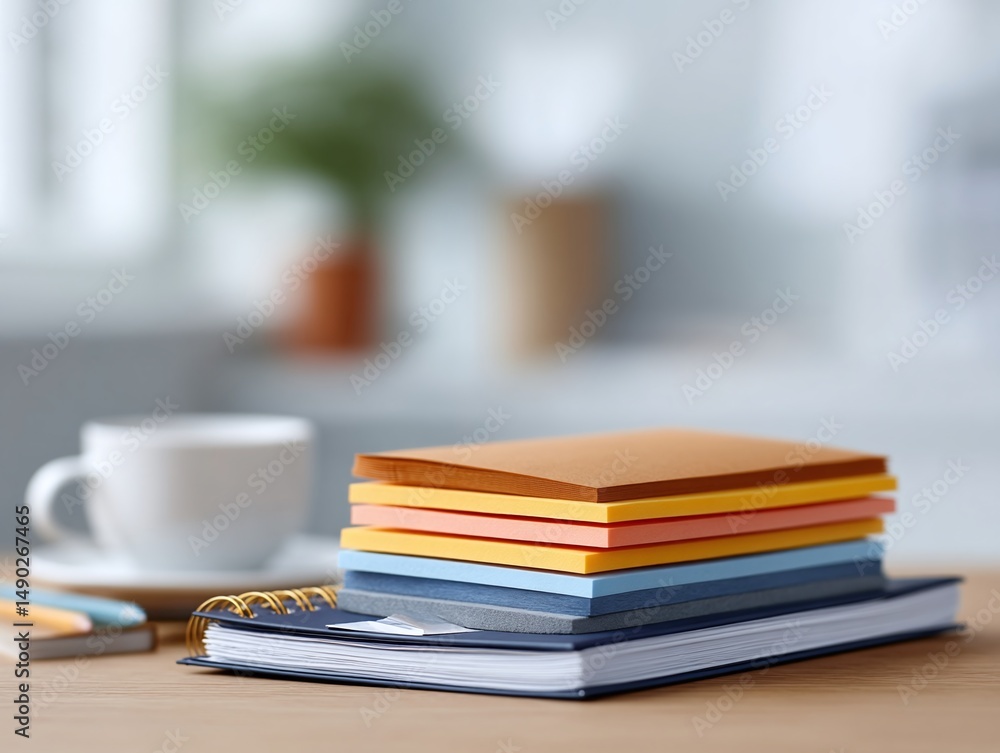 Fototapeta premium A stack of colorful notepads atop a spiral notebook rests on a wooden desk, signifying organization and creativity.
